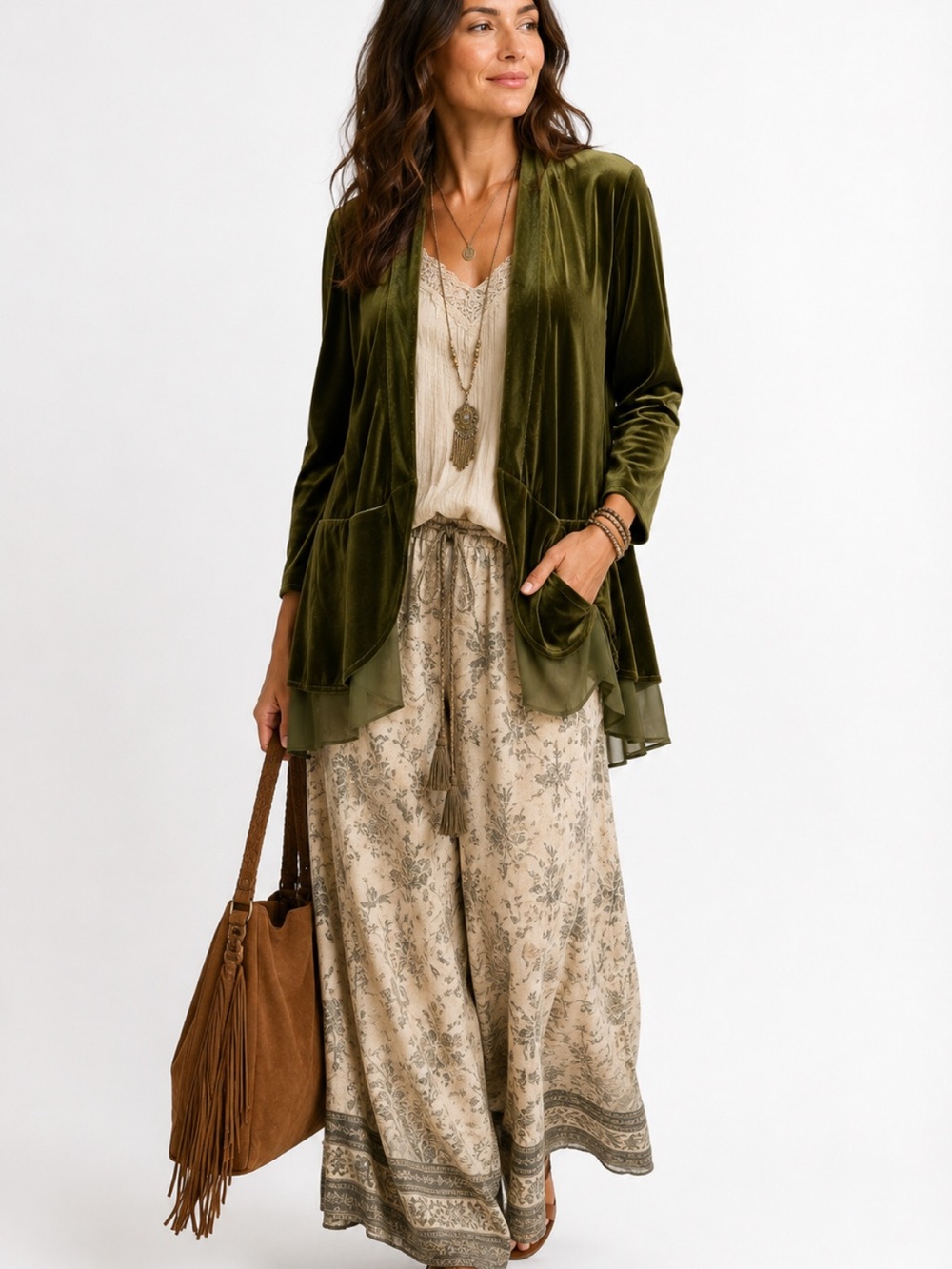 Olive Green Velvet Duster Cardigan Sheer Hem Boho Open Front Jacket